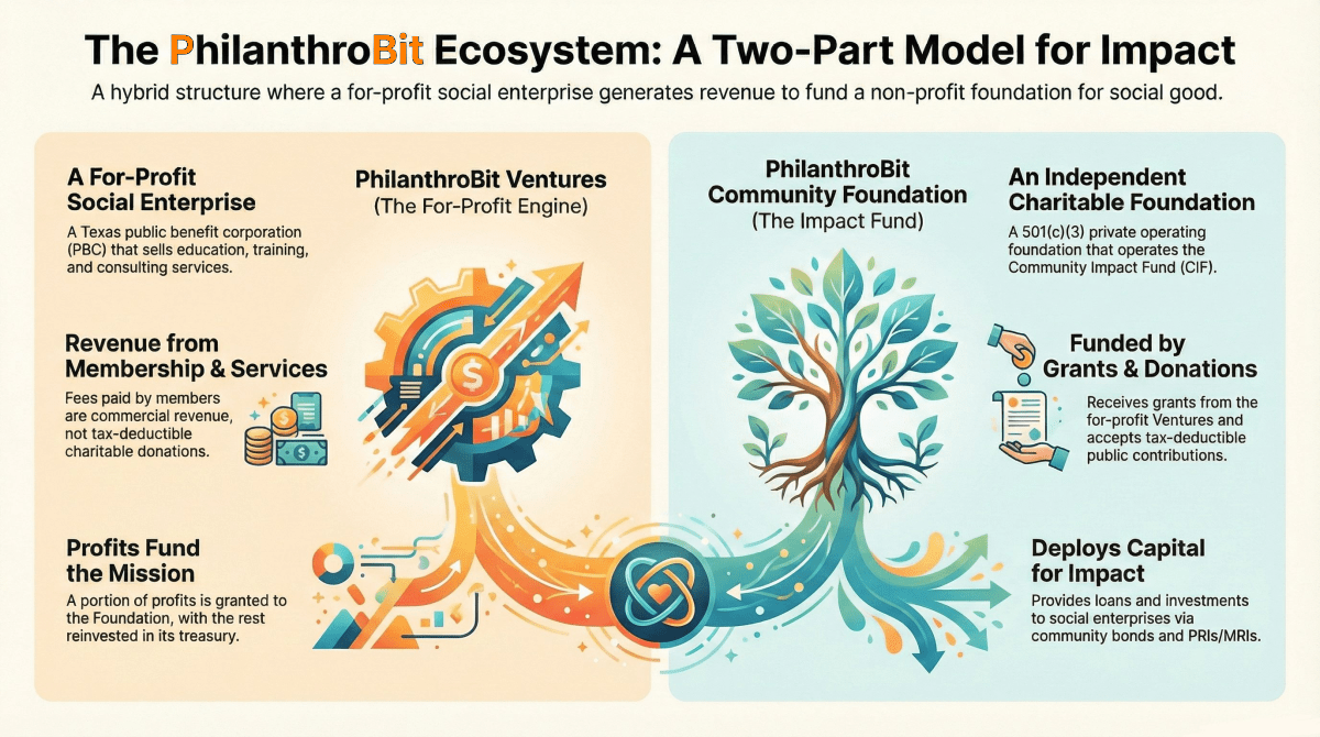 PhilanthroBit Ecosystem Map: Visualizing the flow of Bitcoin, Community Bonds, and social impact capital for nonprofits and social enterprises.