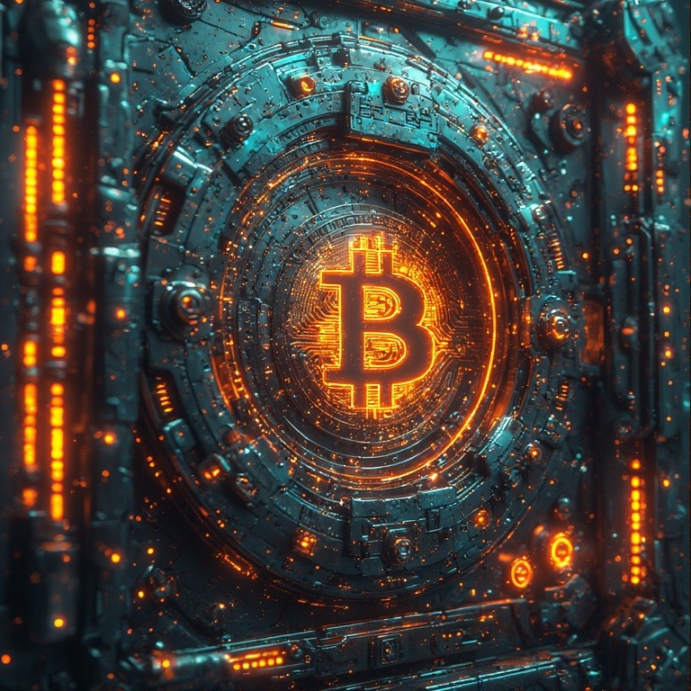 Coffre-fort numérique de haute technologie fait d'obsidienne et de verre sarcelle, brillant de la lumière orange PhilanthroBit, représentant la sécurité multi-signature Bitcoin.