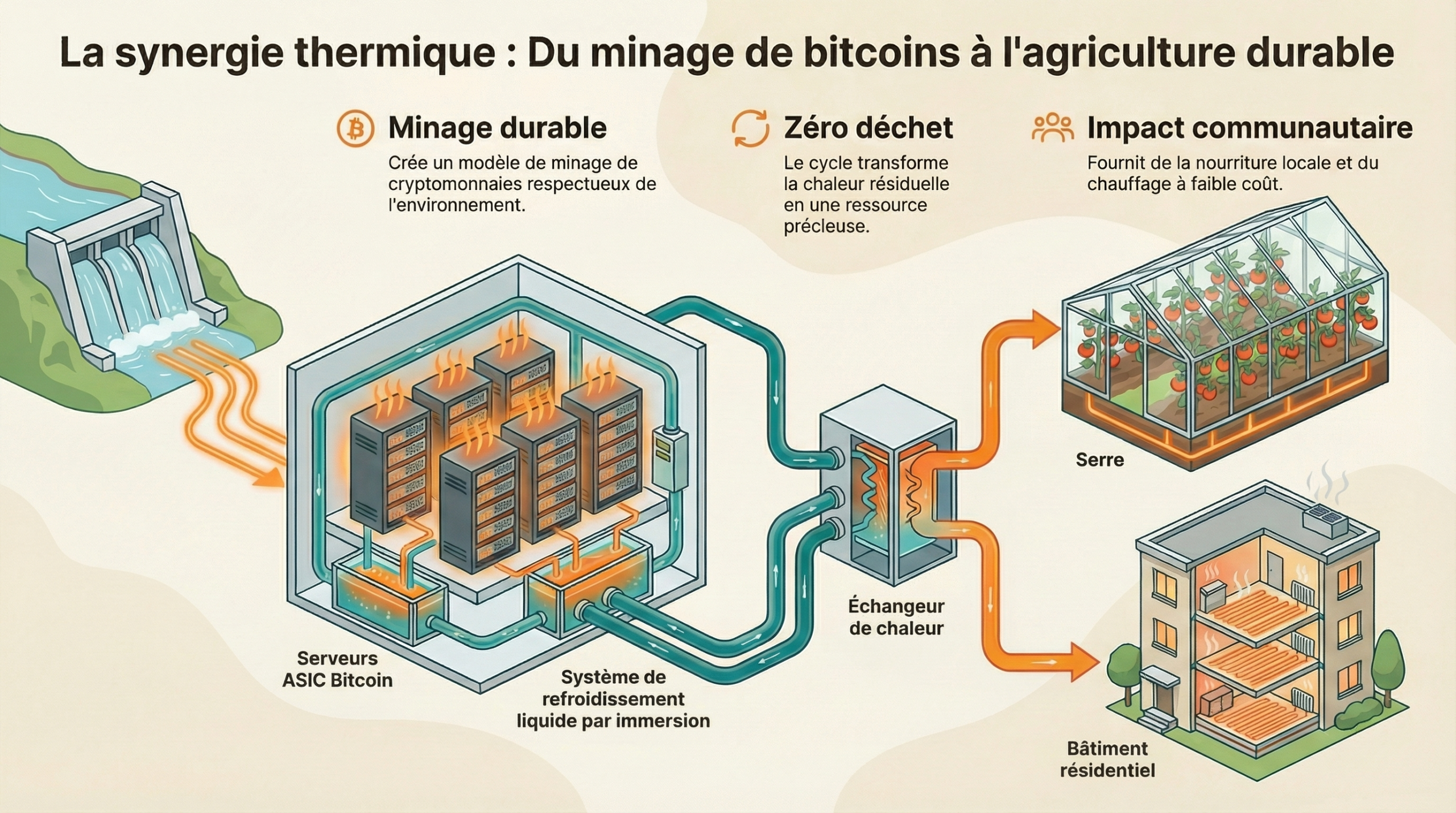 Schéma montrant la chaleur du minage Bitcoin chauffant une serre via refroidissement liquide