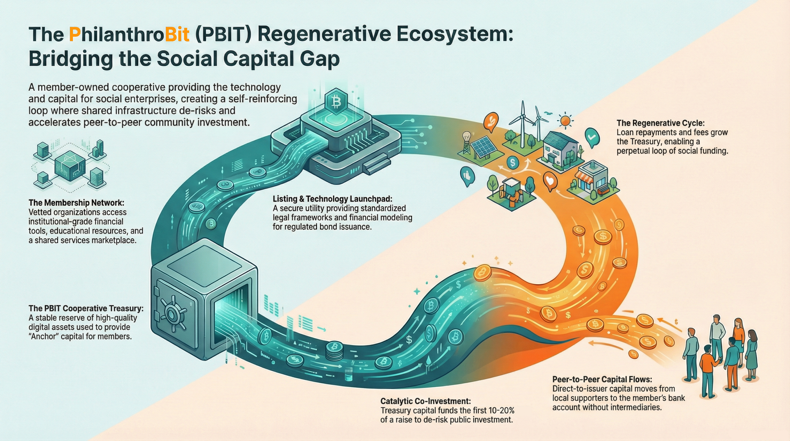 PhilanthroBit Ecosystem Map: Visualizing the flow of Bitcoin, Community Bonds, and social impact capital for nonprofits and social enterprises.